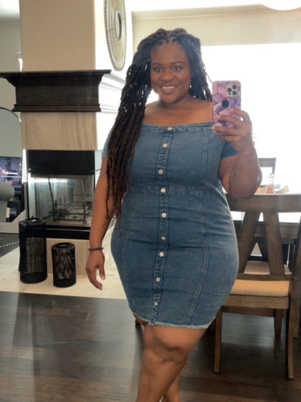 Off-Shoulder Button-Front Denim Mini Dress - Classic Blue